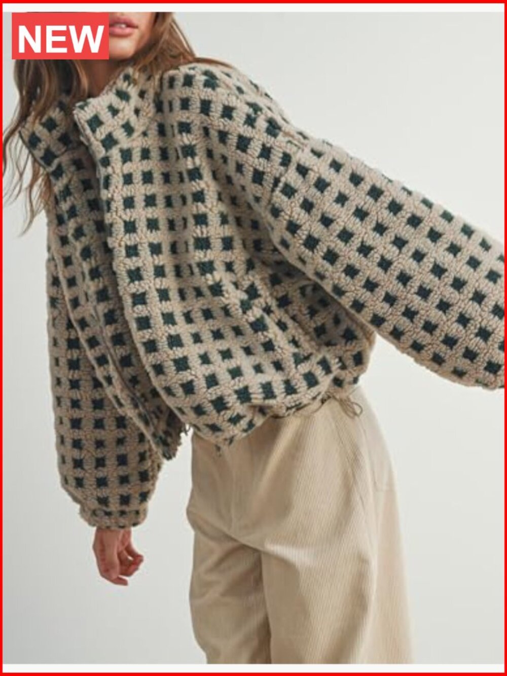 Cropped Sherpa Fleece Plaid Jacket Casual Teddy Fleece Outerwear Long Sleeve - Picture 6 of 7